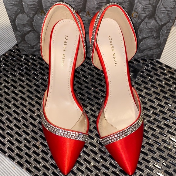 Azalea Wang Red Satin Heels with Rhinestone Detail - Picture 1 of 16